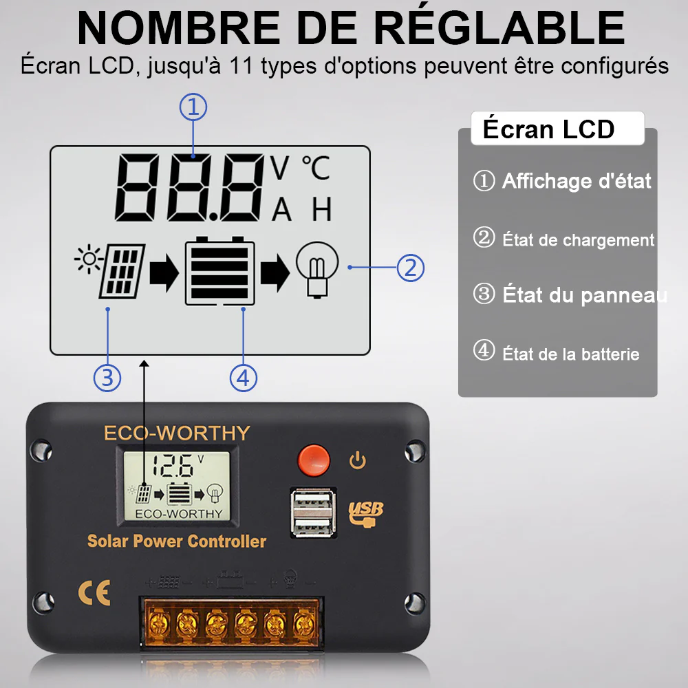 Régulateur de charge solaire avec écran LCD PWM 30 A, commutation automatique 12 V/24 V - Image 3