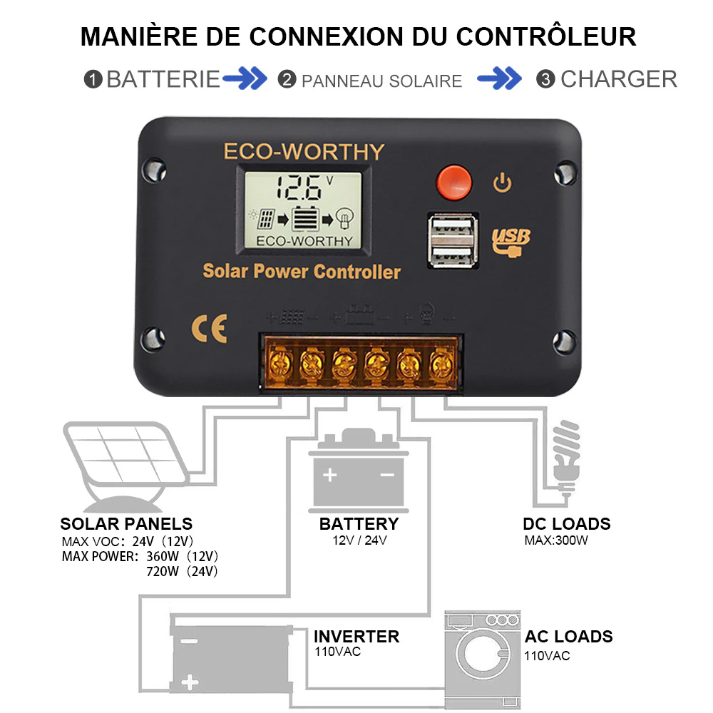 Régulateur de charge solaire avec écran LCD PWM 30 A, commutation automatique 12 V/24 V - Image 5