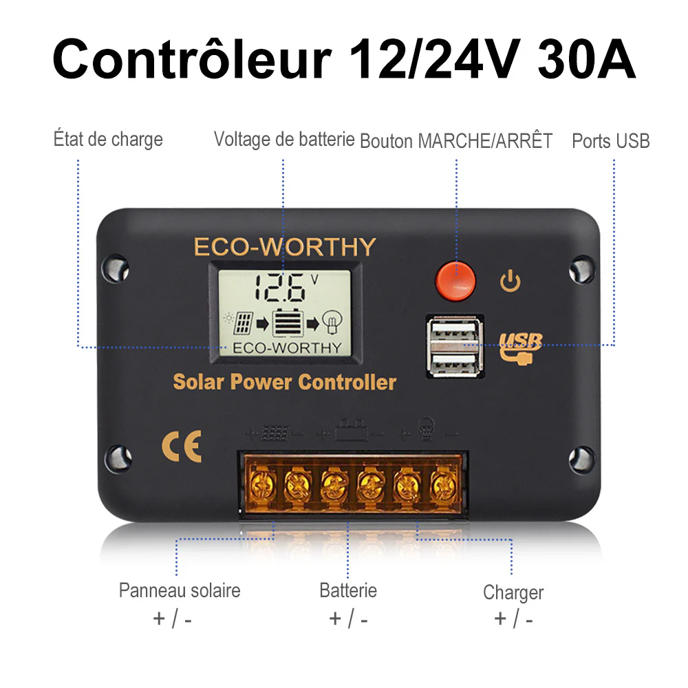 Régulateur de charge solaire avec écran LCD PWM 30 A, commutation automatique 12 V/24 V - Image 7