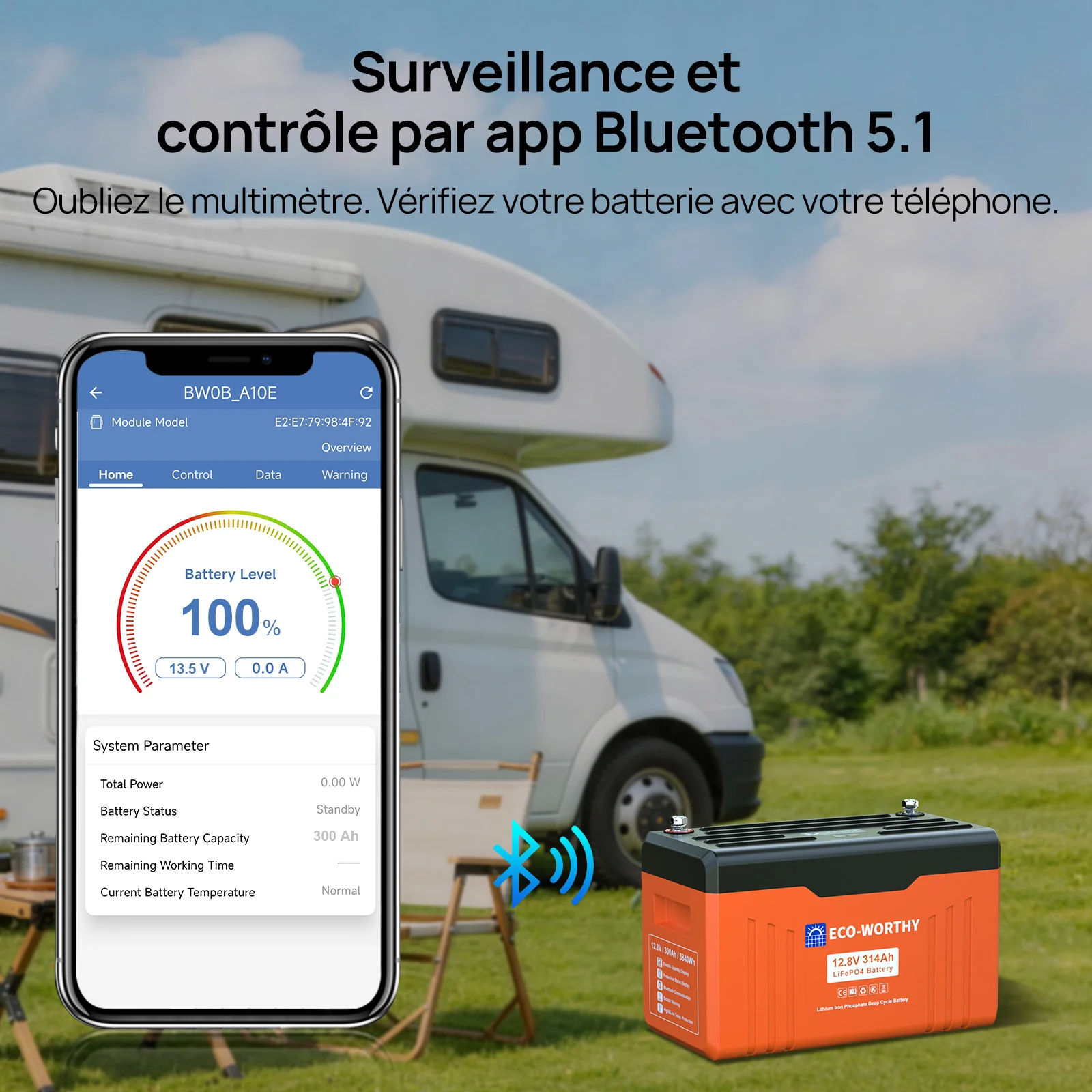 Eco-Worthy Batterie Lithium 12V 314Ah LiFePO4 Bluetooth Avec Indicateur LED (Données SOC et Niveau de Batterie) - Image 6