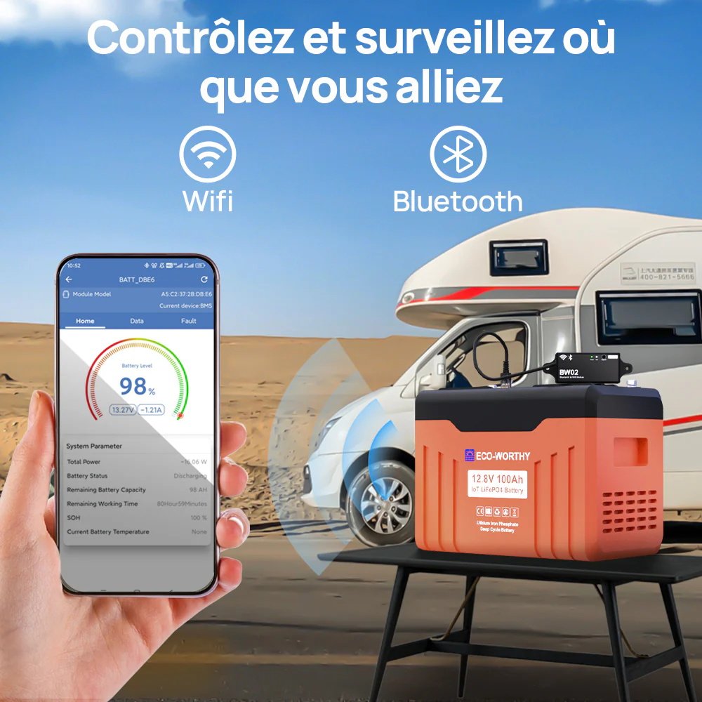 Eco-Worthy Batterie au lithium LiFePO4 12V100Ah Bluetooth, Lumières LED SOC - Image 7