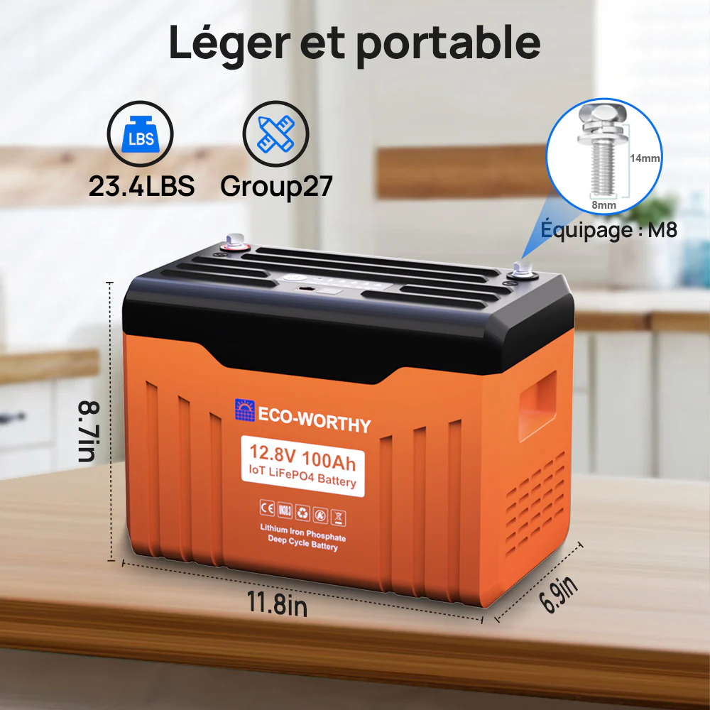 Eco-Worthy Batterie au lithium LiFePO4 12V100Ah Bluetooth, Lumières LED SOC - Image 8