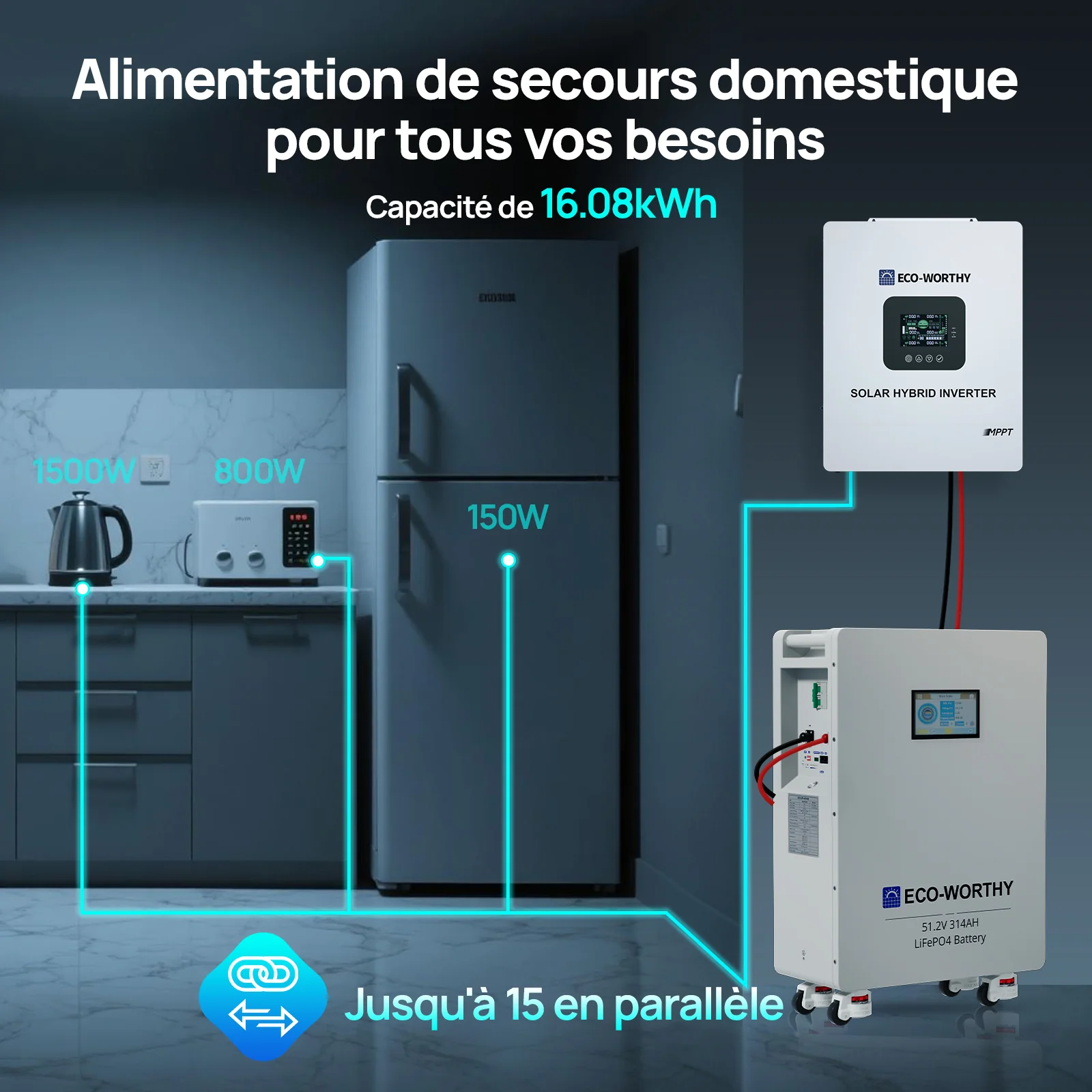 Eco-Worthy Batterie Domestique au Lithium Lifepo4 48V 314Ah | Modèle Sur Pied Avec Roulettes - Image 3