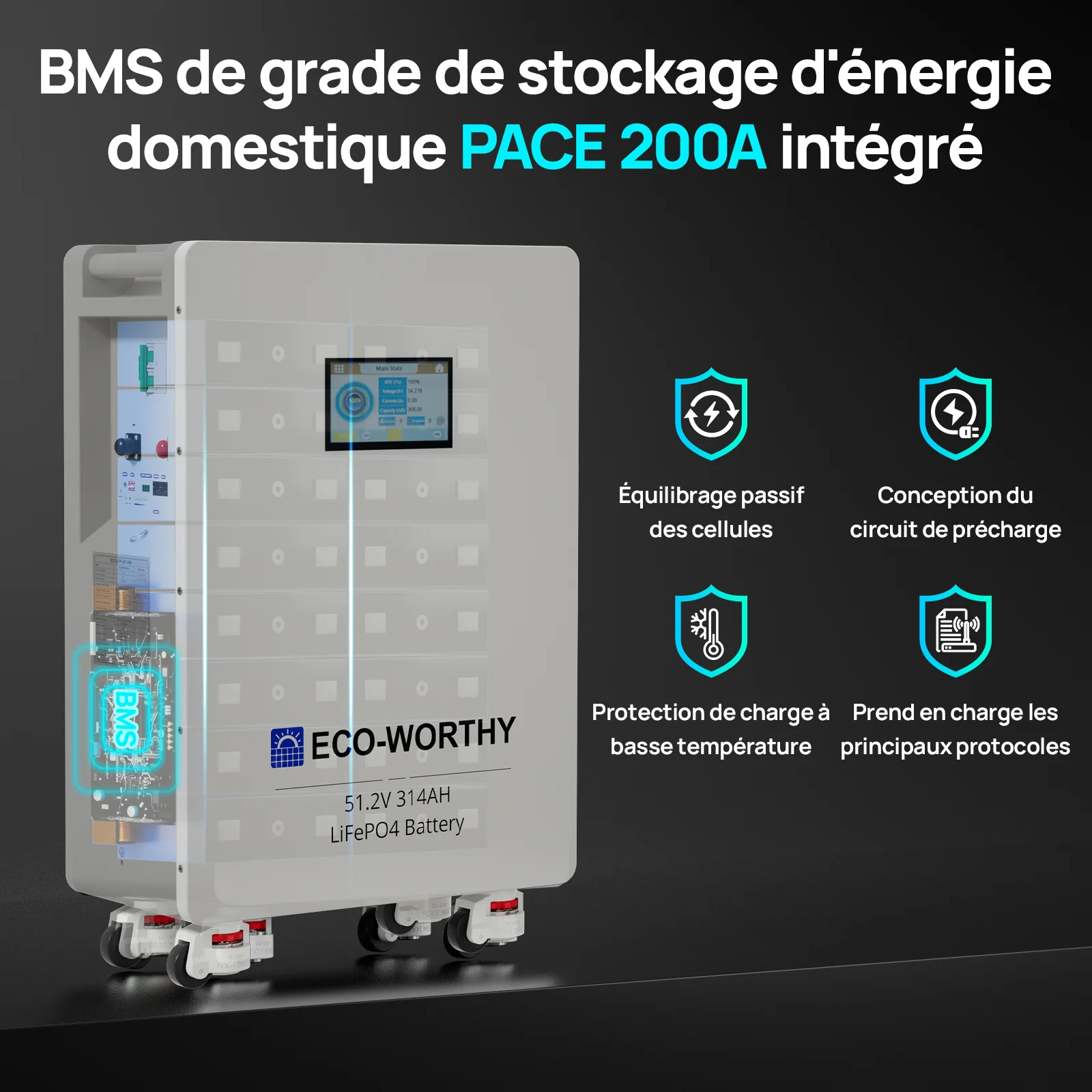 Eco-Worthy Batterie Domestique au Lithium Lifepo4 48V 314Ah | Modèle Sur Pied Avec Roulettes - Image 5
