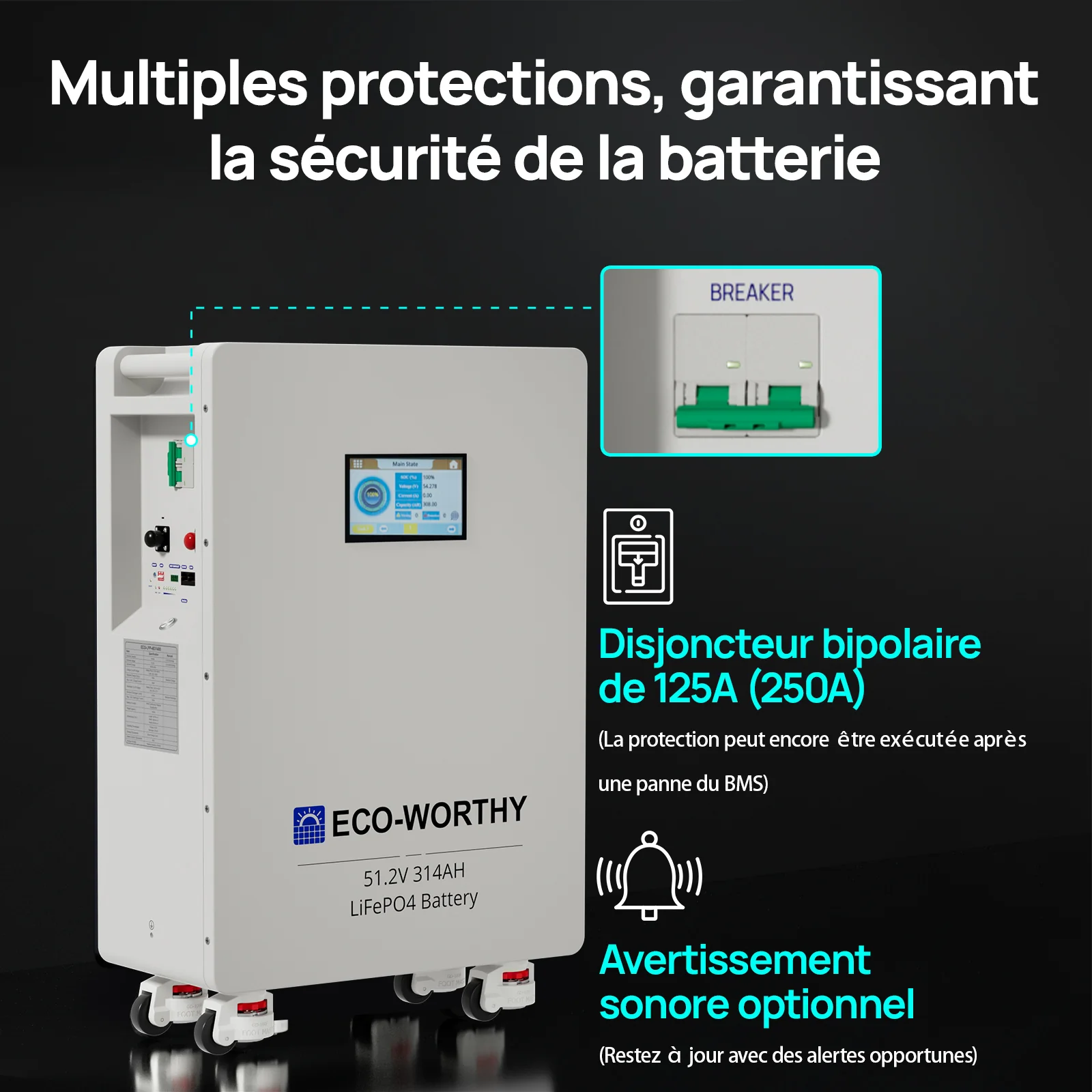 Eco-Worthy Batterie Domestique au Lithium Lifepo4 48V 314Ah | Modèle Sur Pied Avec Roulettes - Image 6