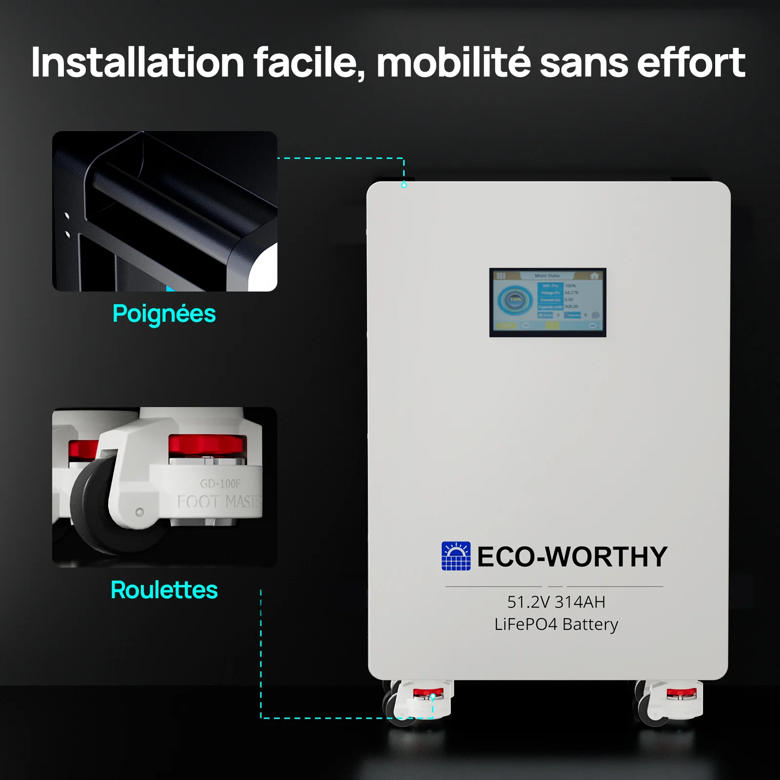Eco-Worthy Batterie Domestique au Lithium Lifepo4 48V 314Ah | Modèle Sur Pied Avec Roulettes - Image 8