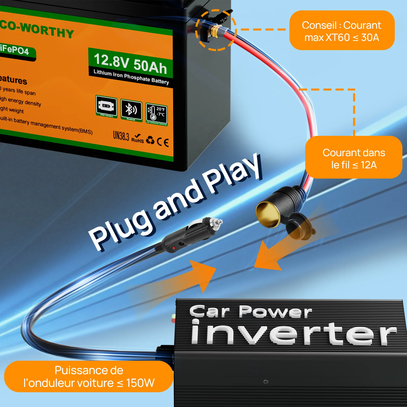 Eco-Worthy Batterie LiFePO4 12V 50Ah avec XT60, Bluetooth, BMS et protection basses températures - Image 3