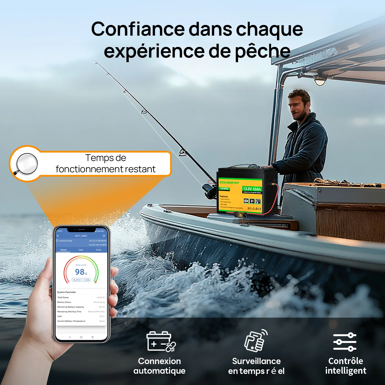 Eco-Worthy Batterie LiFePO4 12V 50Ah avec XT60, Bluetooth, BMS et protection basses températures - Image 4