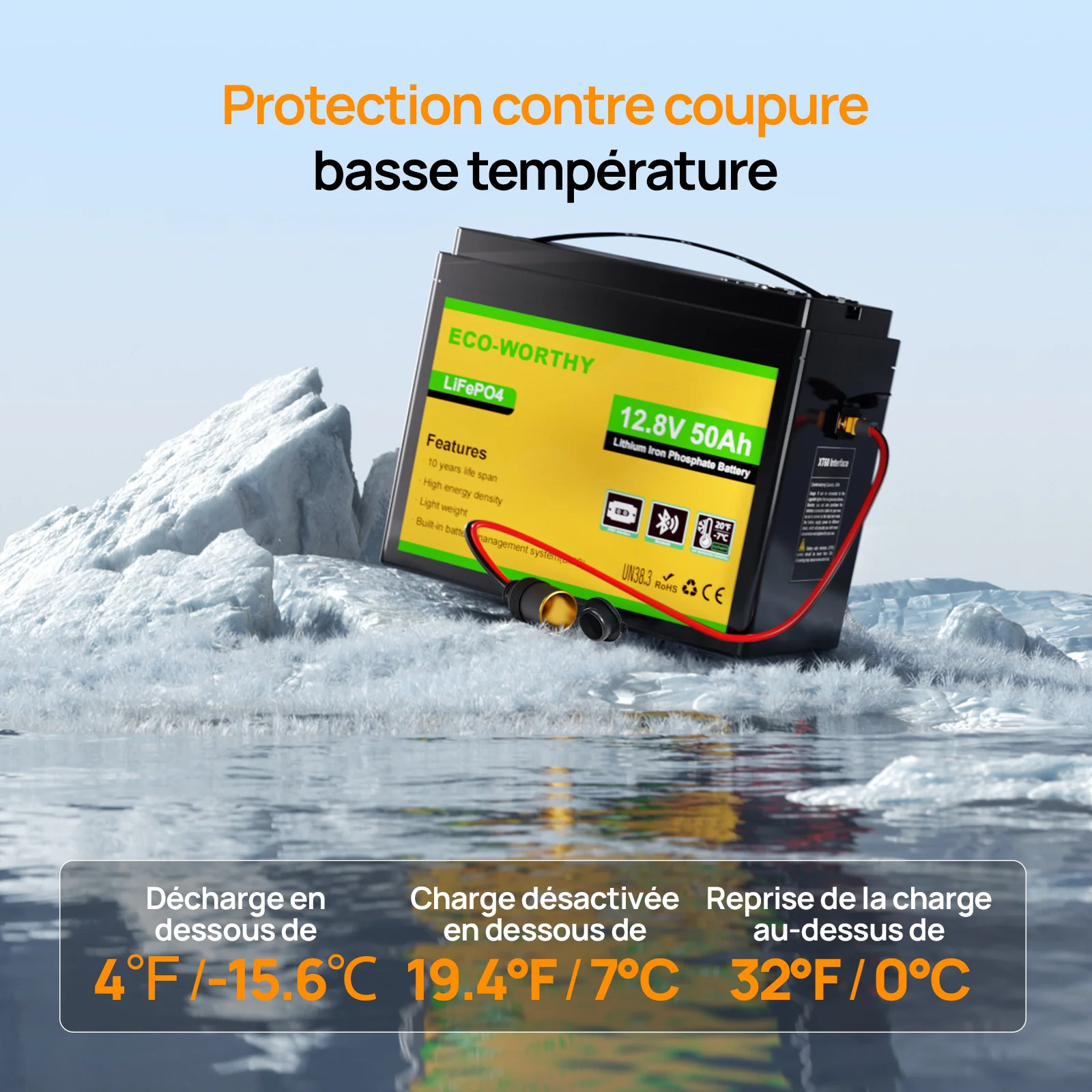 Eco-Worthy Batterie LiFePO4 12V 50Ah avec XT60, Bluetooth, BMS et protection basses températures - Image 5