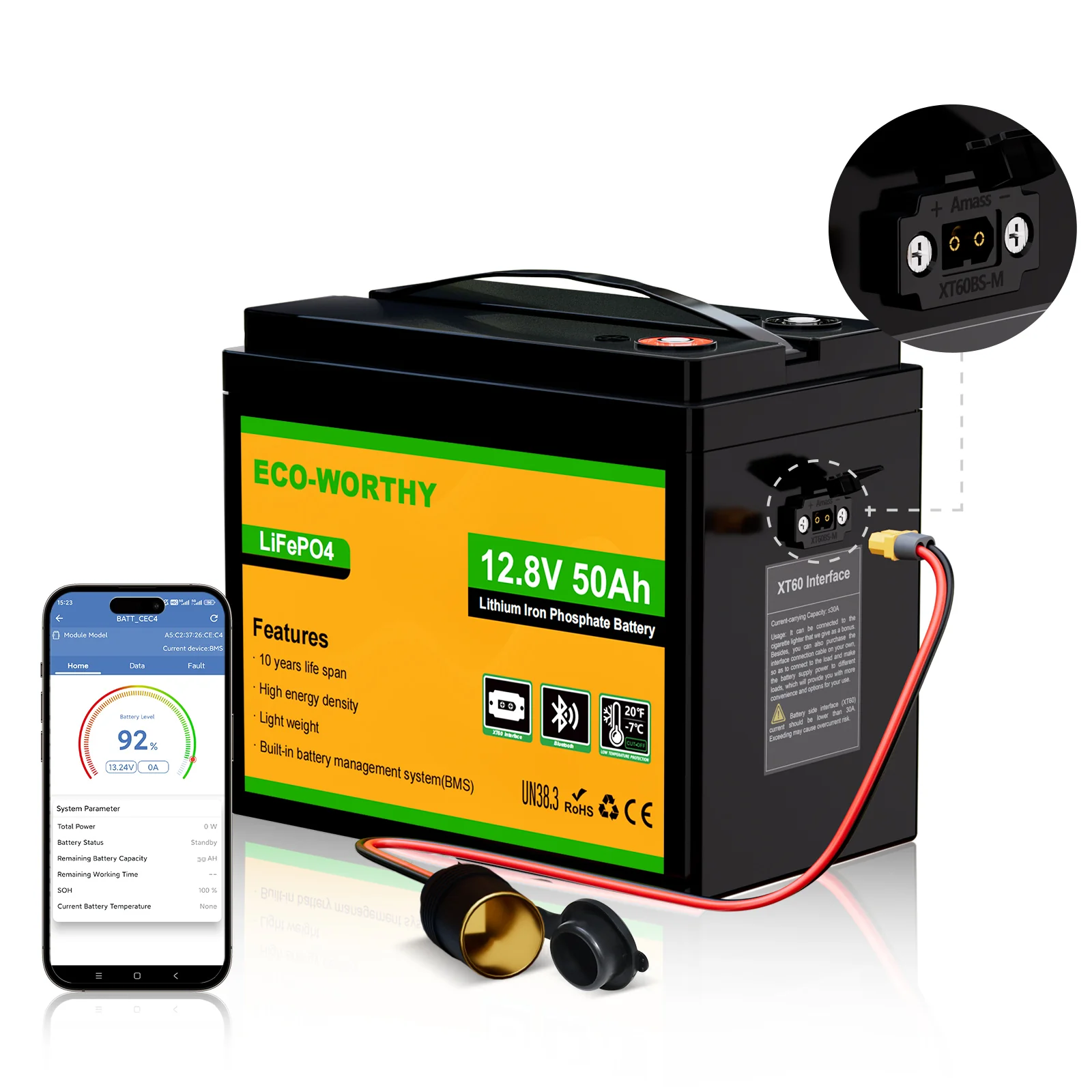 Eco-Worthy Batterie LiFePO4 12V 50Ah avec XT60, Bluetooth, BMS et protection basses températures - Image 9