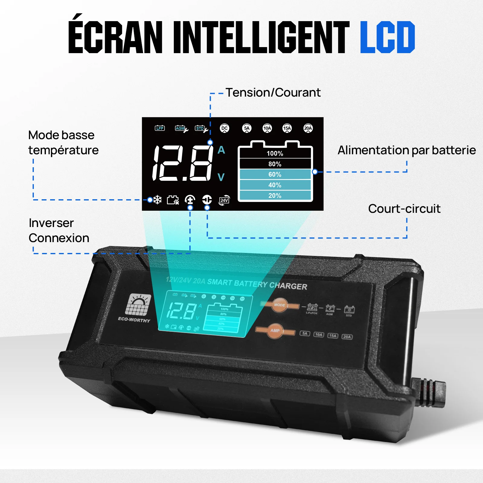 Chargeur de batterie intelligent 20A 12V/24V avec écran LCD pour la plupart des batteries - Image 5
