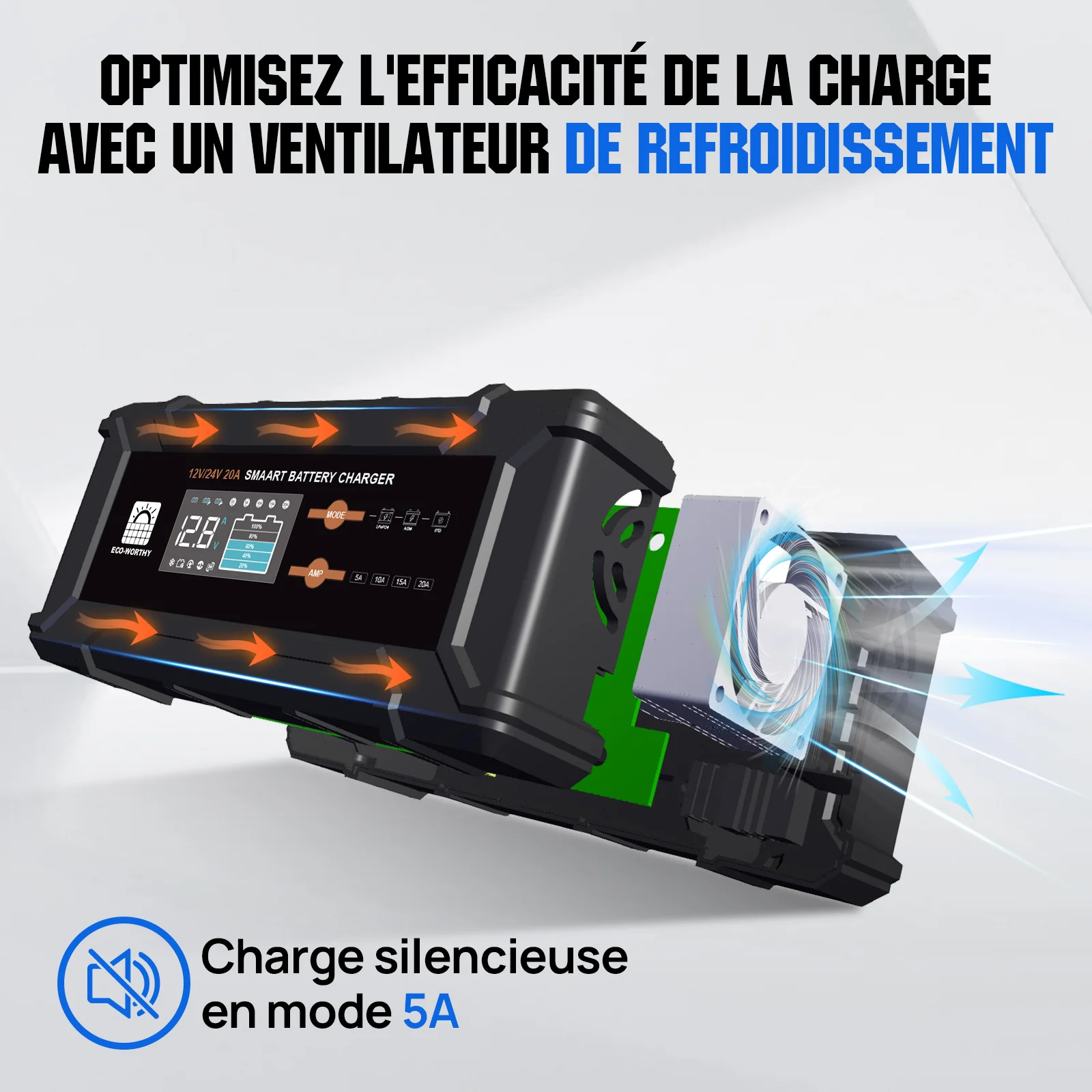Chargeur de batterie intelligent 20A 12V/24V avec écran LCD pour la plupart des batteries - Image 8