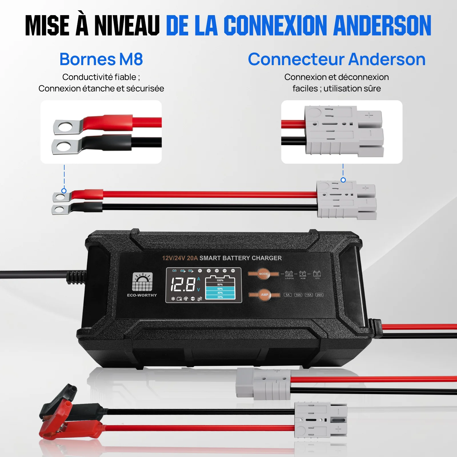 Chargeur de batterie intelligent 20A 12V/24V avec écran LCD pour la plupart des batteries - Image 9