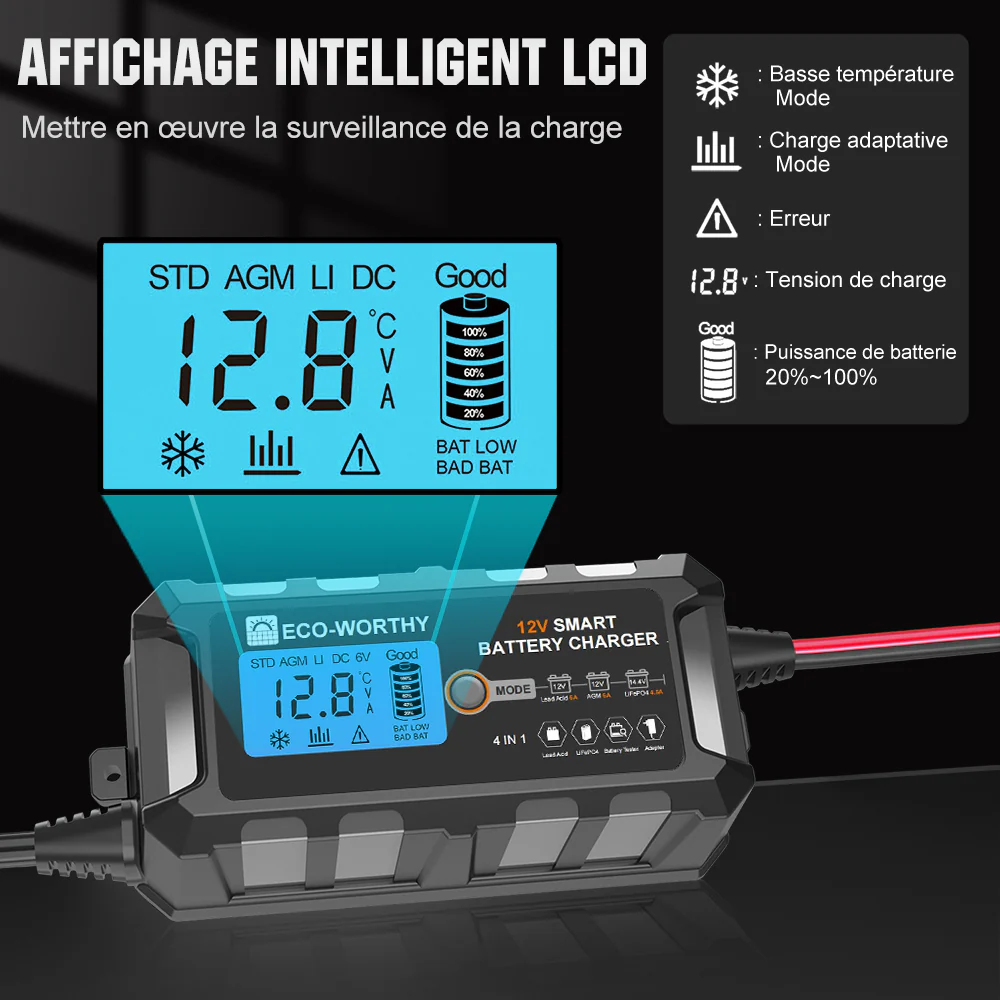 Chargeur de batterie intelligent automatique 5A & 10A 12V avec écran LCD pour batteries au lithium (LiFePO4) - Image 4
