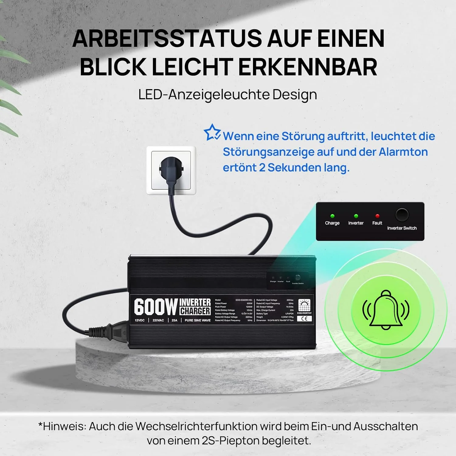 Chargeur ECO-WORTHY 14.6 V 25 A LiFePO4 avec convertisseur 600 W 12 V à 230 V, fonction UPS, pour batteries LiFePO4 à décharge profonde - Image 3