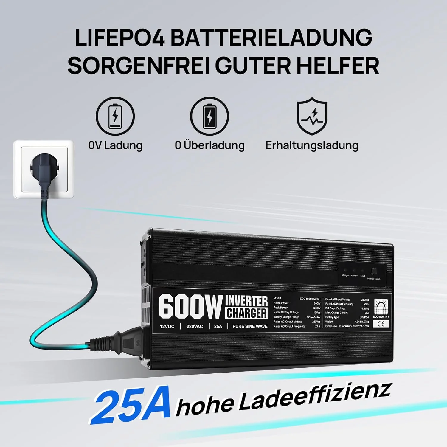 Chargeur ECO-WORTHY 14.6 V 25 A LiFePO4 avec convertisseur 600 W 12 V à 230 V, fonction UPS, pour batteries LiFePO4 à décharge profonde - Image 4