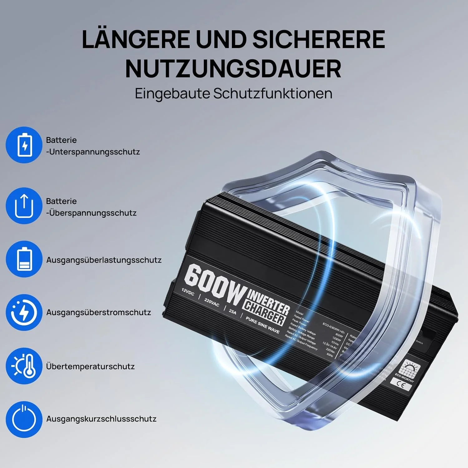 Chargeur ECO-WORTHY 14.6 V 25 A LiFePO4 avec convertisseur 600 W 12 V à 230 V, fonction UPS, pour batteries LiFePO4 à décharge profonde - Image 5