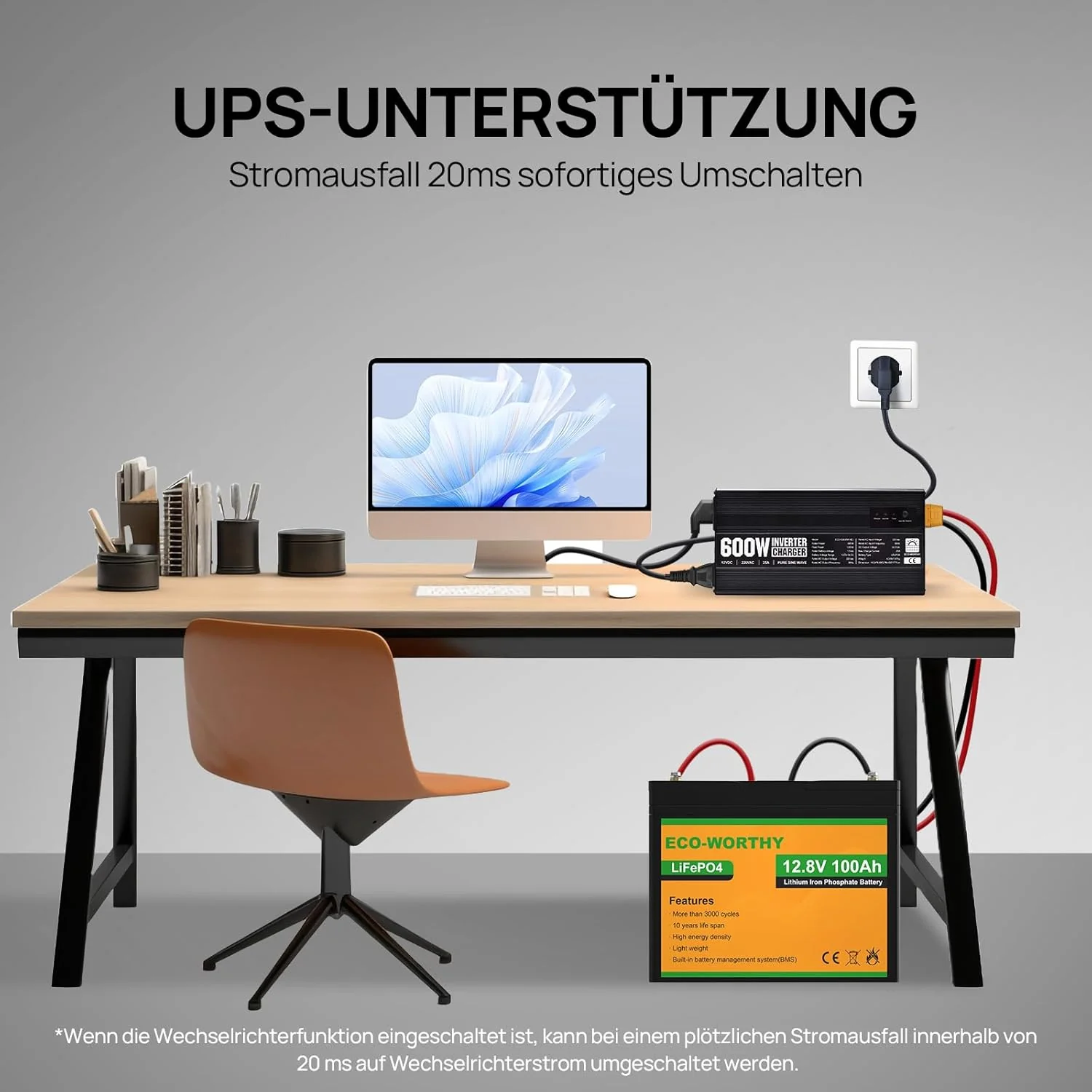 Chargeur ECO-WORTHY 14.6 V 25 A LiFePO4 avec convertisseur 600 W 12 V à 230 V, fonction UPS, pour batteries LiFePO4 à décharge profonde - Image 6