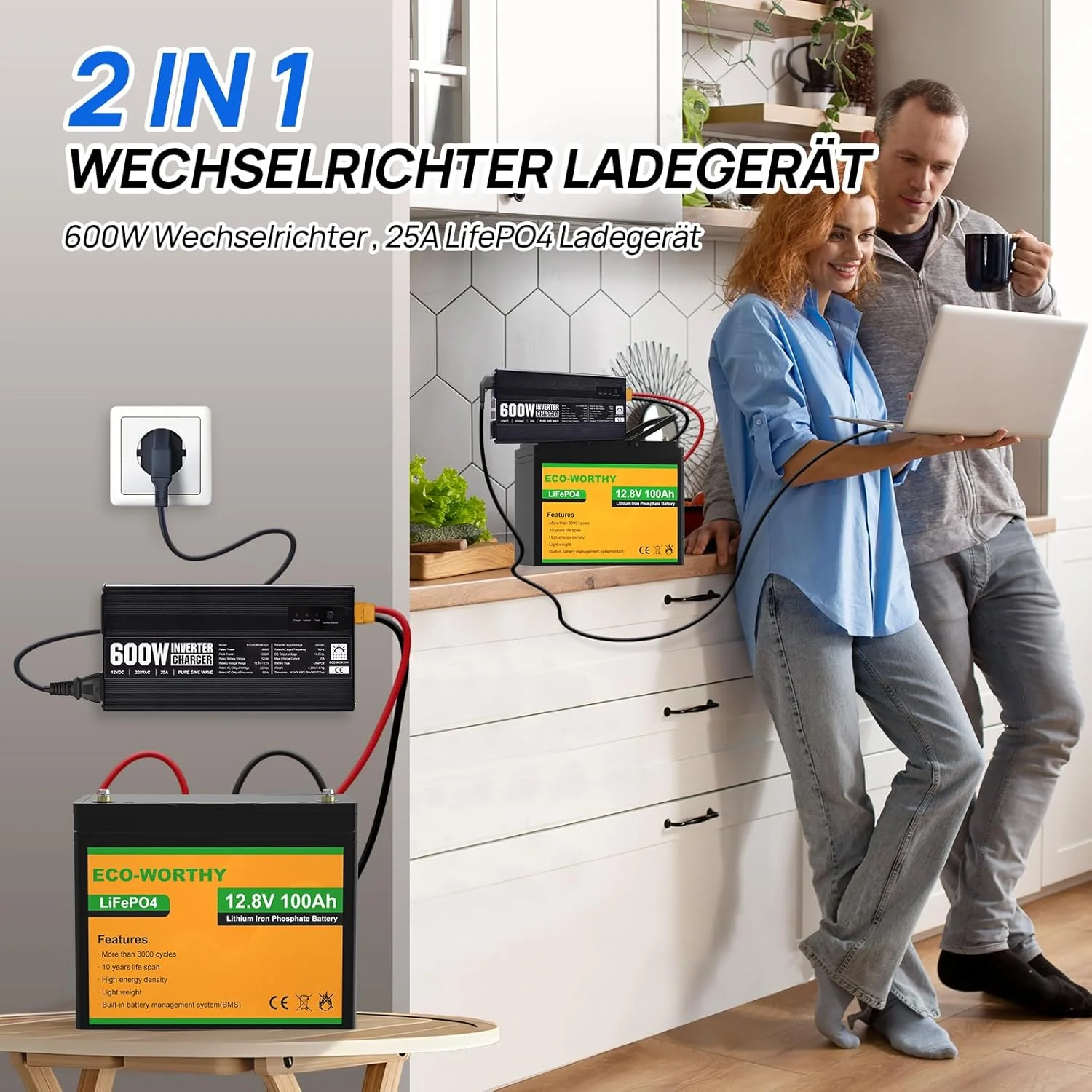 Chargeur ECO-WORTHY 14.6 V 25 A LiFePO4 avec convertisseur 600 W 12 V à 230 V, fonction UPS, pour batteries LiFePO4 à décharge profonde - Image 7