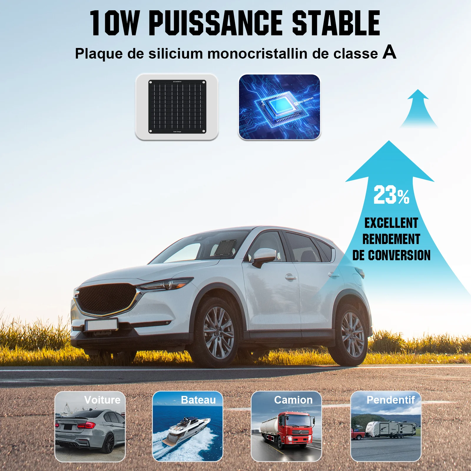 Chargeur solaire portable 10W pour batteries 12V en voiture et en bateau - Image 7