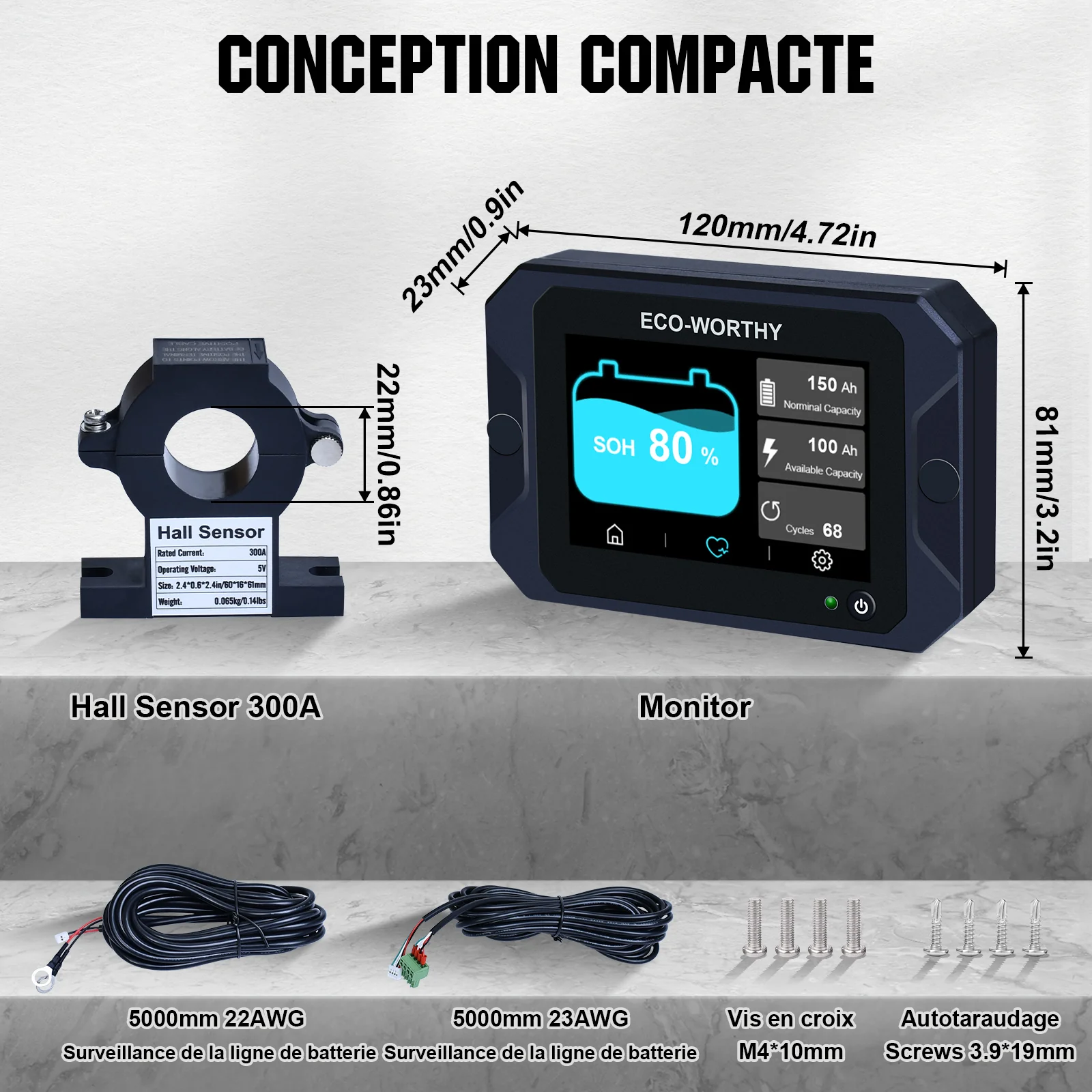 Moniteur de batterie à écran tactile 300A 3.5" avec capteur Hall pour batteries AGM et lithium (LiFePO4) - Image 3