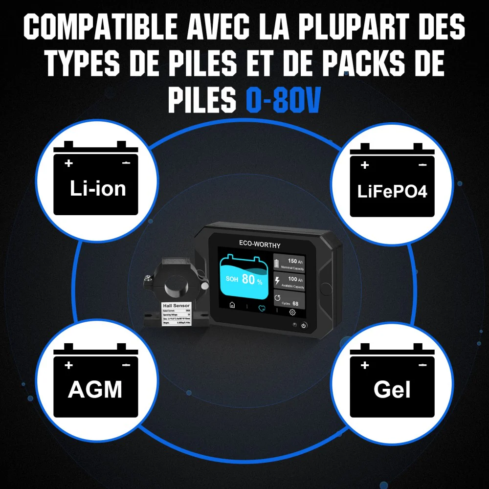Moniteur de batterie à écran tactile 300A 3.5" avec capteur Hall pour batteries AGM et lithium (LiFePO4) - Image 6